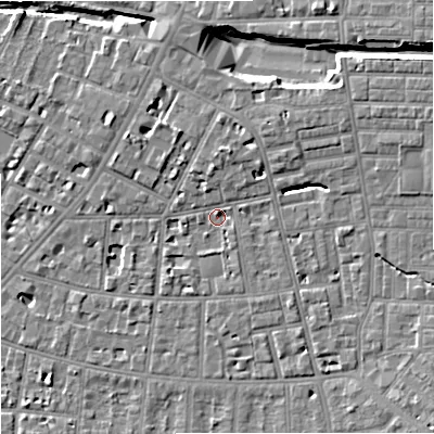 Shaded relief map of the ground around M146UF, computed from Environment Agency LiDAR. The ground here sits at about 38 m above sea level and falls 10 m across the surrounding 800 m. Surface water reaching this point runs off ground lying to the north-north-east, 3.0 m higher.