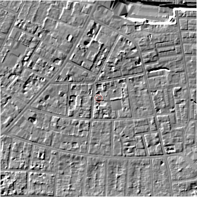 Shaded relief map of the ground around M146UG, computed from Environment Agency LiDAR. The ground here sits at about 38 m above sea level and falls 9 m across the surrounding 800 m. Surface water reaching this point runs off ground lying to the north-north-east, 4.2 m higher.