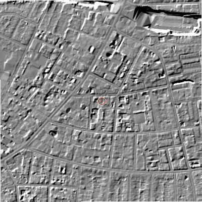 Shaded relief map of the ground around M146UH, computed from Environment Agency LiDAR. The ground here sits at about 37 m above sea level and falls 8 m across the surrounding 800 m. Surface water reaching this point runs off ground lying to the north-east, 3.7 m higher.
