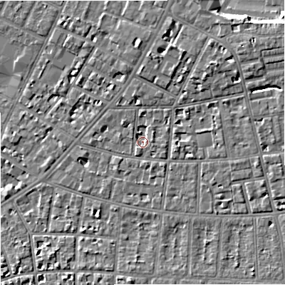 Shaded relief map of the ground around M146UL, computed from Environment Agency LiDAR. The ground here sits at about 36 m above sea level and falls 7 m across the surrounding 800 m. Surface water reaching this point runs off ground lying to the north-east, 5.2 m higher.