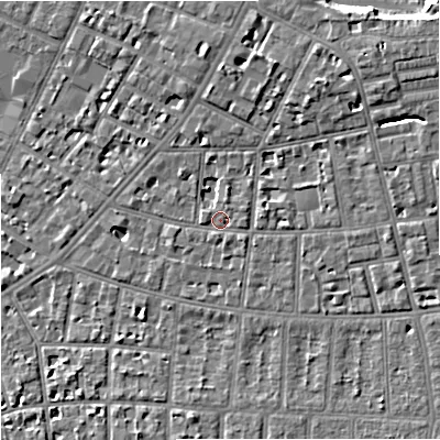 Shaded relief map of the ground around M146UN, computed from Environment Agency LiDAR. The ground here sits at about 37 m above sea level and falls 7 m across the surrounding 800 m. Surface water reaching this point runs off ground lying to the north-east, 4.2 m higher.