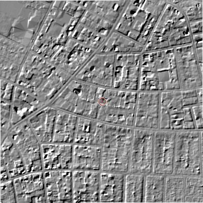 Shaded relief map of the ground around M146UP, computed from Environment Agency LiDAR. The ground here sits at about 36 m above sea level and falls 8 m across the surrounding 800 m. Surface water reaching this point runs off ground lying to the east, 1.8 m higher.