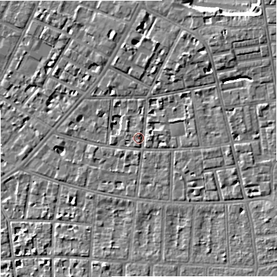 Shaded relief map of the ground around M146UQ, computed from Environment Agency LiDAR. The ground here sits at about 38 m above sea level and falls 8 m across the surrounding 800 m. Surface water reaching this point runs off ground lying to the north-north-east, 4.2 m higher.