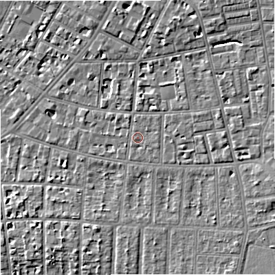 Shaded relief map of the ground around M146UR, computed from Environment Agency LiDAR. The ground here sits at about 37 m above sea level and falls 7 m across the surrounding 800 m. Surface water reaching this point runs off ground lying to the north-east, 1.1 m higher.