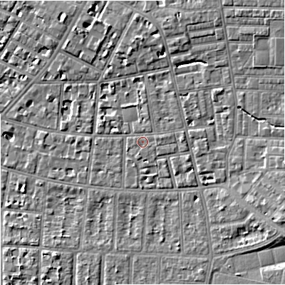 Shaded relief map of the ground around M146US, computed from Environment Agency LiDAR. The ground here sits at about 38 m above sea level and falls 9 m across the surrounding 800 m. Surface water reaching this point runs off ground lying to the east-north-east, 1.0 m higher.