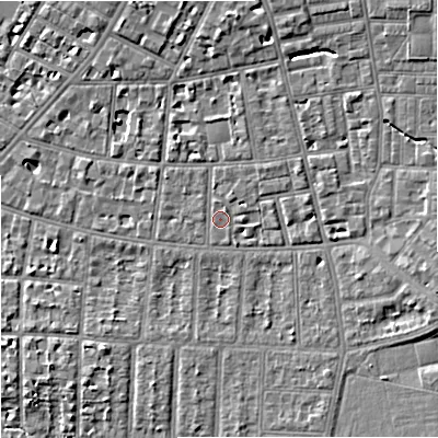 Shaded relief map of the ground around M146UT, computed from Environment Agency LiDAR. The ground here sits at about 38 m above sea level and falls 8 m across the surrounding 800 m. Surface water reaching this point runs off ground lying to the north-east, 1.2 m higher.