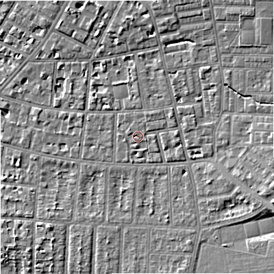 Shaded relief map of the ground around M146UU, computed from Environment Agency LiDAR. The ground here sits at about 37 m above sea level and falls 9 m across the surrounding 800 m. Surface water reaching this point runs off ground lying to the north-north-east, 1.1 m higher.