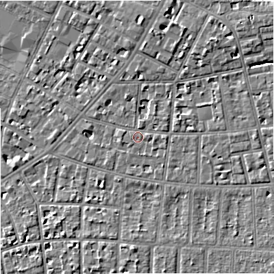 Shaded relief map of the ground around M146UW, computed from Environment Agency LiDAR. The ground here sits at about 37 m above sea level and falls 8 m across the surrounding 800 m. Surface water reaching this point runs off ground lying to the north-east, 5.2 m higher.