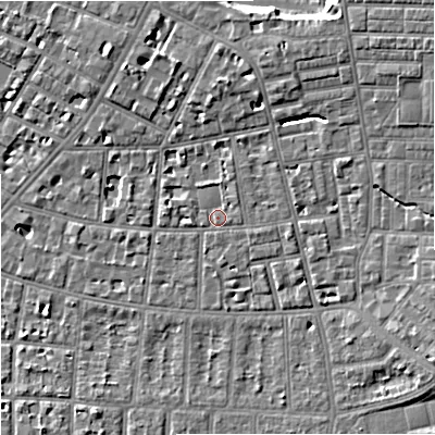Shaded relief map of the ground around M146UX, computed from Environment Agency LiDAR. The ground here sits at about 38 m above sea level and falls 8 m across the surrounding 800 m. Surface water reaching this point runs off ground lying to the east-south-east, 1.5 m higher.