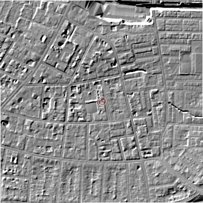 Shaded relief map of the ground around M146UY, computed from Environment Agency LiDAR. The ground here sits at about 38 m above sea level and falls 10 m across the surrounding 800 m. Surface water reaching this point runs off ground lying to the north, 1.3 m higher.