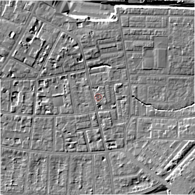 Shaded relief map of the ground around M146UZ, computed from Environment Agency LiDAR. The ground here sits at about 39 m above sea level and falls 11 m across the surrounding 800 m. Surface water reaching this point runs off ground lying to the north-north-east, 4.5 m higher.