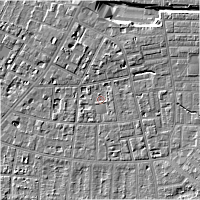 Shaded relief map of the ground around M146WB, computed from Environment Agency LiDAR. The ground here sits at about 37 m above sea level and falls 9 m across the surrounding 800 m. Surface water reaching this point runs off ground lying to the east, 1.2 m higher.