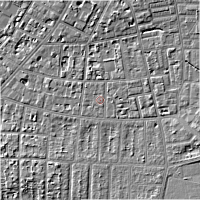 Shaded relief map of the ground around M146WE, computed from Environment Agency LiDAR. The ground here sits at about 37 m above sea level and falls 8 m across the surrounding 800 m. Surface water reaching this point runs off ground lying to the east-north-east, 1.2 m higher.