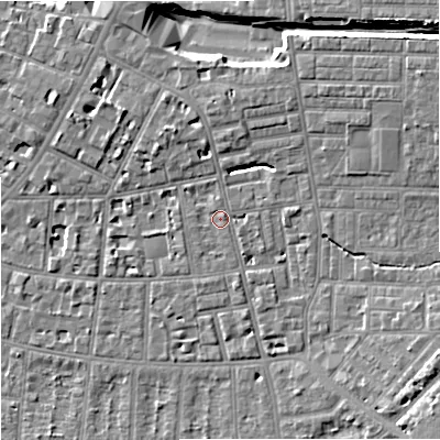 Shaded relief map of the ground around M146XA, computed from Environment Agency LiDAR. The ground here sits at about 38 m above sea level and falls 11 m across the surrounding 800 m. Surface water reaching this point runs off ground lying to the north-north-east, 4.5 m higher.