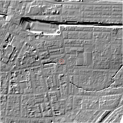 Shaded relief map of the ground around M146YH, computed from Environment Agency LiDAR. The ground here sits at about 40 m above sea level and falls 16 m across the surrounding 800 m. Surface water reaching this point runs off ground lying to the north-north-east, 1.0 m higher.