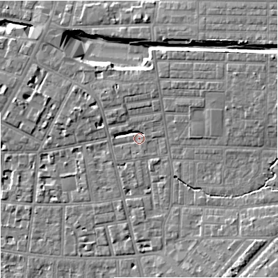 Shaded relief map of the ground around M146YT, computed from Environment Agency LiDAR. The ground here sits at about 39 m above sea level and falls 12 m across the surrounding 800 m. Surface water reaching this point runs off ground lying to the north-east, 3.4 m higher.