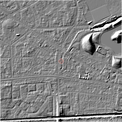 Shaded relief map of the ground around M147AA, computed from Environment Agency LiDAR. The ground here sits at about 34 m above sea level and falls 11 m across the surrounding 800 m. Surface water reaching this point runs off ground lying to the north-north-east, 1.0 m higher.