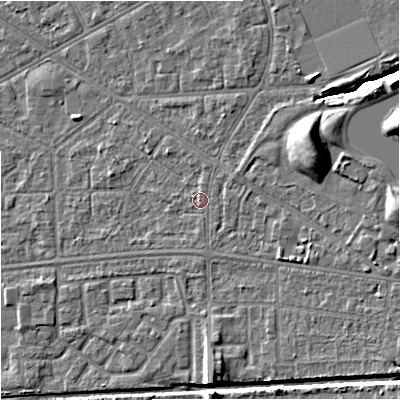 Shaded relief map of the ground around M147AB, computed from Environment Agency LiDAR. The ground here sits at about 34 m above sea level and falls 10 m across the surrounding 800 m. Surface water reaching this point runs off ground lying to the north, 0.8 m higher.