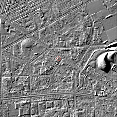 Shaded relief map of the ground around M147AD, computed from Environment Agency LiDAR. The ground here sits at about 33 m above sea level and falls 10 m across the surrounding 800 m. Surface water reaching this point runs off ground lying to the east-north-east, 3.6 m higher.