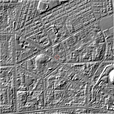 Shaded relief map of the ground around M147AE, computed from Environment Agency LiDAR. The ground here sits at about 33 m above sea level and falls 8 m across the surrounding 800 m. Surface water reaching this point runs off ground lying to the east-north-east, 3.2 m higher.