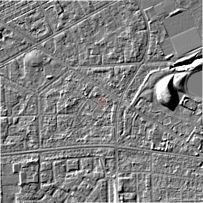 Shaded relief map of the ground around M147AF, computed from Environment Agency LiDAR. The ground here sits at about 34 m above sea level and falls 10 m across the surrounding 800 m. Surface water reaching this point runs off ground lying to the east, 1.5 m higher.