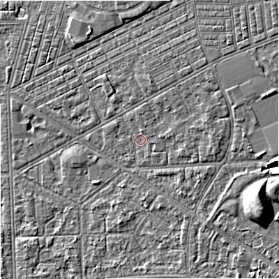 Shaded relief map of the ground around M147AG, computed from Environment Agency LiDAR. The ground here sits at about 33 m above sea level and falls 10 m across the surrounding 800 m. Surface water reaching this point runs off ground lying to the east-north-east, 3.3 m higher.