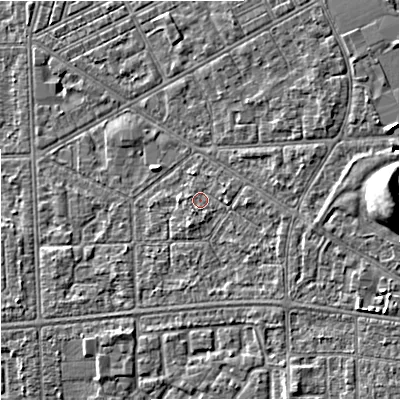 Shaded relief map of the ground around M147AH, computed from Environment Agency LiDAR. The ground here sits at about 33 m above sea level and falls 10 m across the surrounding 800 m. Surface water reaching this point runs off ground lying to the east, 1.2 m higher.