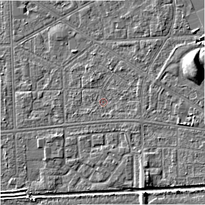 Shaded relief map of the ground around M147AJ, computed from Environment Agency LiDAR. The ground here sits at about 33 m above sea level and falls 11 m across the surrounding 800 m. Surface water reaching this point runs off ground lying to the east-north-east, 7.7 m higher.