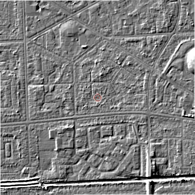 Shaded relief map of the ground around M147AL, computed from Environment Agency LiDAR. The ground here sits at about 33 m above sea level and falls 9 m across the surrounding 800 m. Surface water reaching this point runs off ground lying to the north-north-east, 0.9 m higher.