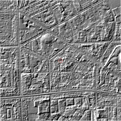 Shaded relief map of the ground around M147AN, computed from Environment Agency LiDAR. The ground here sits at about 33 m above sea level and falls 5 m across the surrounding 800 m. Surface water reaching this point runs off ground lying to the south-east, 1.5 m higher.