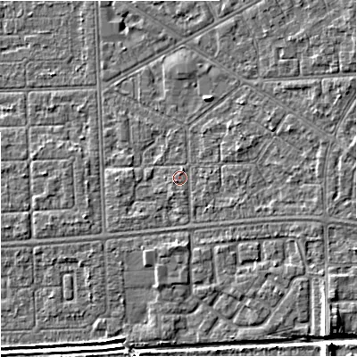 Shaded relief map of the ground around M147AP, computed from Environment Agency LiDAR. The ground here sits at about 33 m above sea level and falls 8 m across the surrounding 800 m. Surface water reaching this point runs off ground lying to the south-south-west, 0.7 m higher.