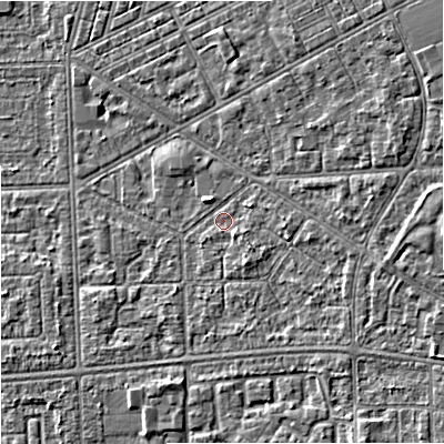 Shaded relief map of the ground around M147AQ, computed from Environment Agency LiDAR. The ground here sits at about 33 m above sea level and falls 5 m across the surrounding 800 m. Surface water reaching this point runs off ground lying to the north-east, 3.2 m higher.