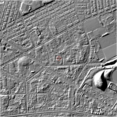 Shaded relief map of the ground around M147AR, computed from Environment Agency LiDAR. The ground here sits at about 34 m above sea level and falls 10 m across the surrounding 800 m. Surface water reaching this point runs off ground lying to the east-north-east, 1.6 m higher.