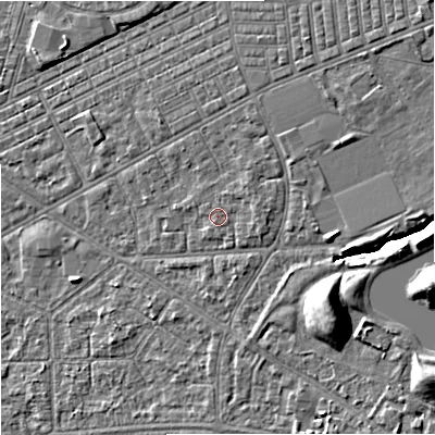 Shaded relief map of the ground around M147AS, computed from Environment Agency LiDAR. The ground here sits at about 34 m above sea level and falls 10 m across the surrounding 800 m. Surface water reaching this point runs off ground lying to the east, 0.8 m higher.
