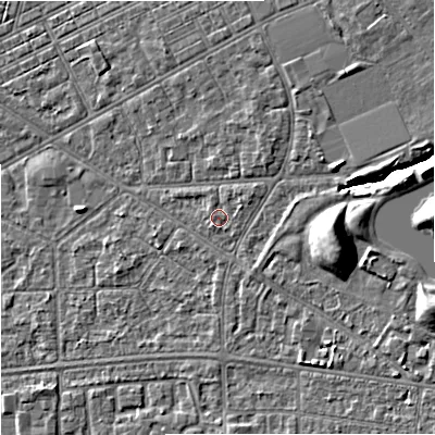 Shaded relief map of the ground around M147AT, computed from Environment Agency LiDAR. The ground here sits at about 34 m above sea level and falls 10 m across the surrounding 800 m. Surface water reaching this point runs off ground lying to the east-north-east, 0.9 m higher.