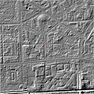 Shaded relief map of the ground around M147AW, computed from Environment Agency LiDAR. The ground here sits at about 33 m above sea level and falls 8 m across the surrounding 800 m. Surface water reaching this point runs off ground lying to the east, 2.1 m higher.