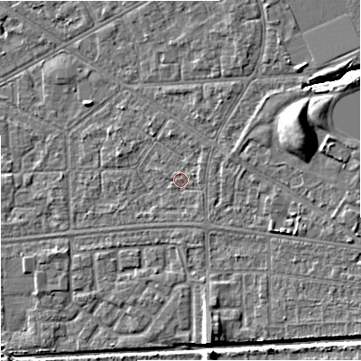 Shaded relief map of the ground around M147AY, computed from Environment Agency LiDAR. The ground here sits at about 34 m above sea level and falls 10 m across the surrounding 800 m. Surface water reaching this point runs off ground lying to the east-north-east, 7.3 m higher.