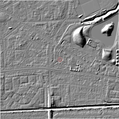 Shaded relief map of the ground around M147AZ, computed from Environment Agency LiDAR. The ground here sits at about 34 m above sea level and falls 11 m across the surrounding 800 m. Surface water reaching this point runs off ground lying to the north-east, 6.9 m higher.