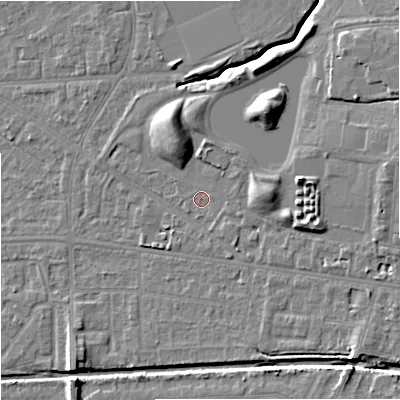 Shaded relief map of the ground around M147BA, computed from Environment Agency LiDAR. The ground here sits at about 35 m above sea level and falls 10 m across the surrounding 800 m. Surface water reaching this point runs off ground lying to the east, 4.9 m higher.