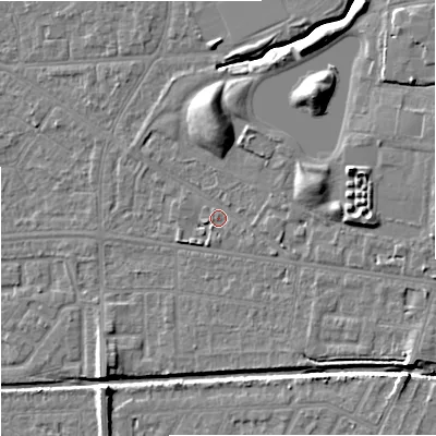 Shaded relief map of the ground around M147BB, computed from Environment Agency LiDAR. The ground here sits at about 35 m above sea level and falls 10 m across the surrounding 800 m. Surface water reaching this point runs off ground lying to the east-north-east, 5.2 m higher.