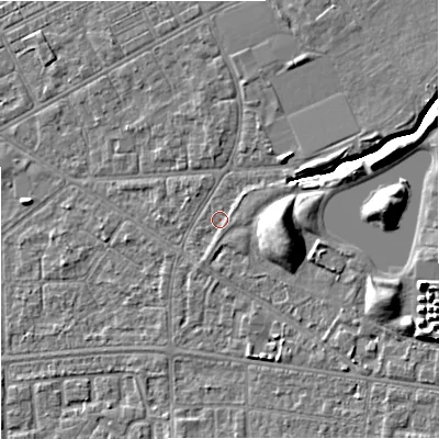 Shaded relief map of the ground around M147BD, computed from Environment Agency LiDAR. The ground here sits at about 34 m above sea level and falls 10 m across the surrounding 800 m. Surface water reaching this point runs off ground lying to the east-north-east, 1.1 m higher.