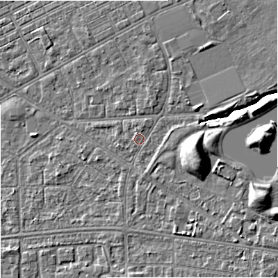 Shaded relief map of the ground around M147BE, computed from Environment Agency LiDAR. The ground here sits at about 34 m above sea level and falls 10 m across the surrounding 800 m. Surface water reaching this point runs off ground lying to the east-north-east, 2.8 m higher.