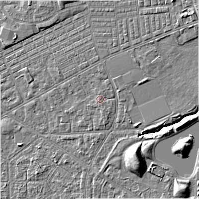 Shaded relief map of the ground around M147BF, computed from Environment Agency LiDAR. The ground here sits at about 35 m above sea level and falls 10 m across the surrounding 800 m. Surface water reaching this point runs off ground lying to the south-south-east, 0.6 m higher.