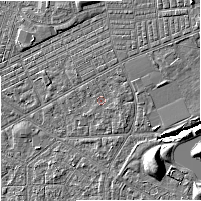 Shaded relief map of the ground around M147BG, computed from Environment Agency LiDAR. The ground here sits at about 34 m above sea level and falls 10 m across the surrounding 800 m. Surface water reaching this point runs off ground lying to the north-east, 2.5 m higher.