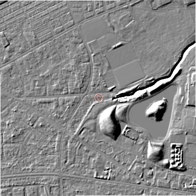 Shaded relief map of the ground around M147BH, computed from Environment Agency LiDAR. The ground here sits at about 35 m above sea level and falls 10 m across the surrounding 800 m. Surface water reaching this point runs off ground lying to the north-east, 3.9 m higher.