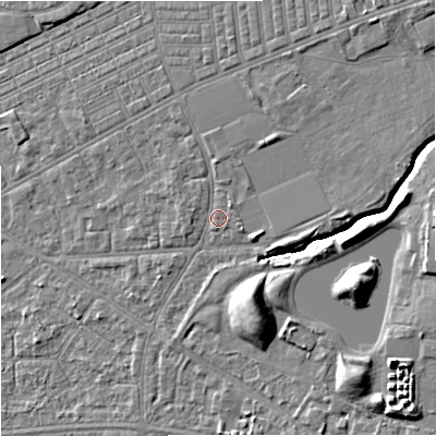 Shaded relief map of the ground around M147BJ, computed from Environment Agency LiDAR. The ground here sits at about 35 m above sea level and falls 10 m across the surrounding 800 m. Surface water reaching this point runs off ground lying to the north, 1.2 m higher.