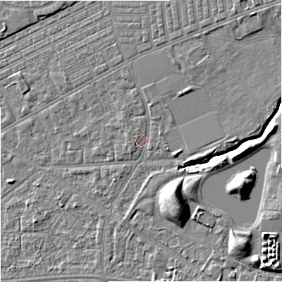 Shaded relief map of the ground around M147BL, computed from Environment Agency LiDAR. The ground here sits at about 35 m above sea level and falls 10 m across the surrounding 800 m. Surface water reaching this point runs off ground lying to the north, 1.2 m higher.