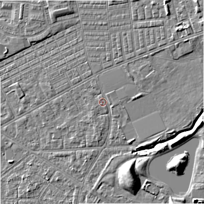 Shaded relief map of the ground around M147BN, computed from Environment Agency LiDAR. The ground here sits at about 35 m above sea level and falls 10 m across the surrounding 800 m. Surface water reaching this point runs off ground lying to the north-east, 1.6 m higher.