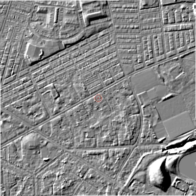 Shaded relief map of the ground around M147BQ, computed from Environment Agency LiDAR. The ground here sits at about 34 m above sea level and falls 10 m across the surrounding 800 m. Surface water reaching this point runs off ground lying to the north-east, 3.0 m higher.