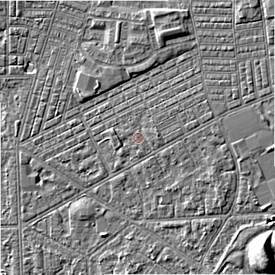 Shaded relief map of the ground around M147BR, computed from Environment Agency LiDAR. The ground here sits at about 34 m above sea level and falls 10 m across the surrounding 800 m. Surface water reaching this point runs off ground lying to the east, 1.2 m higher.
